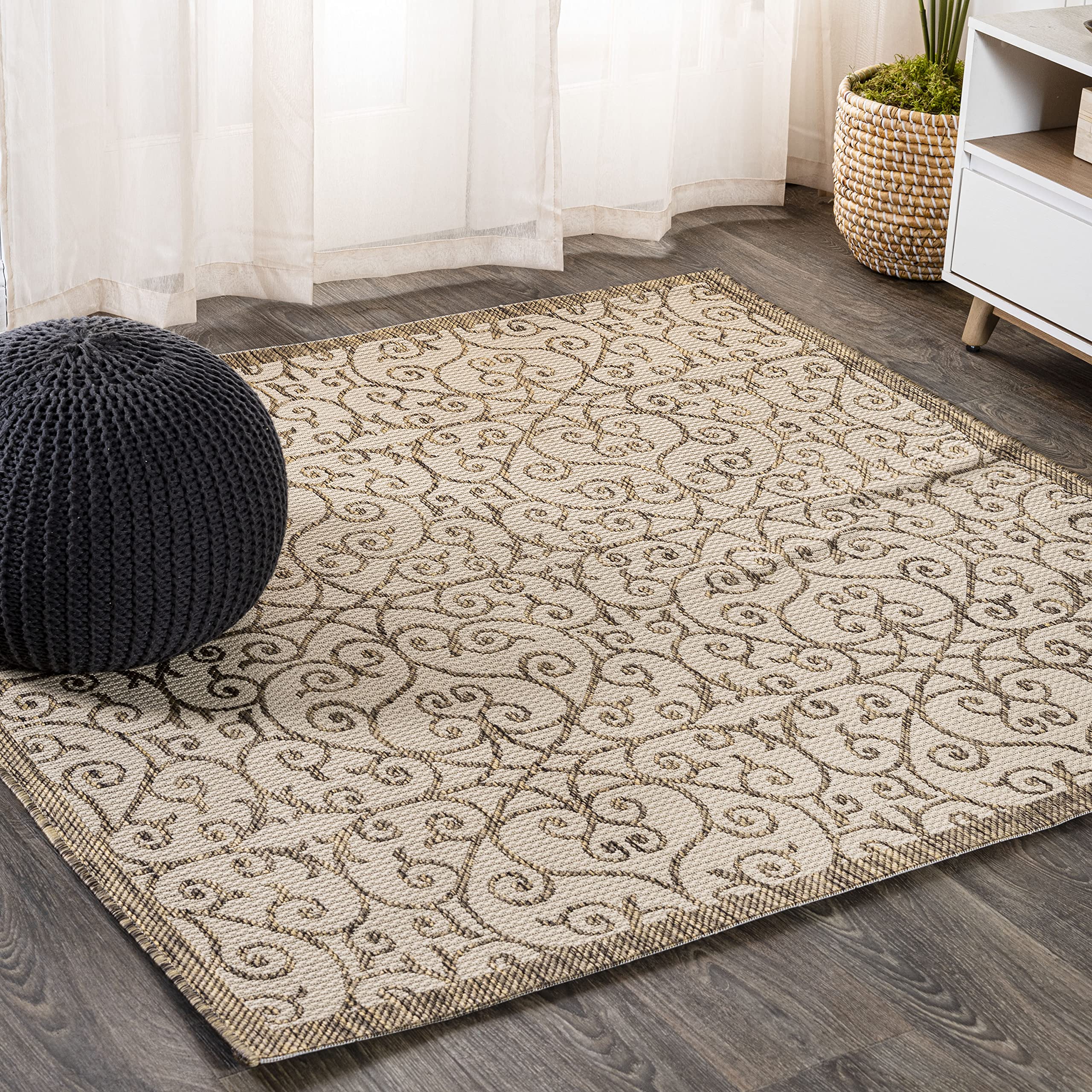 Jonathan Y Smb107B-5Sq Madrid Vintage Filigree Textured Weave Indoor Outdoor Area Rug For Kitchen Living Room Backyard, 5' Squar