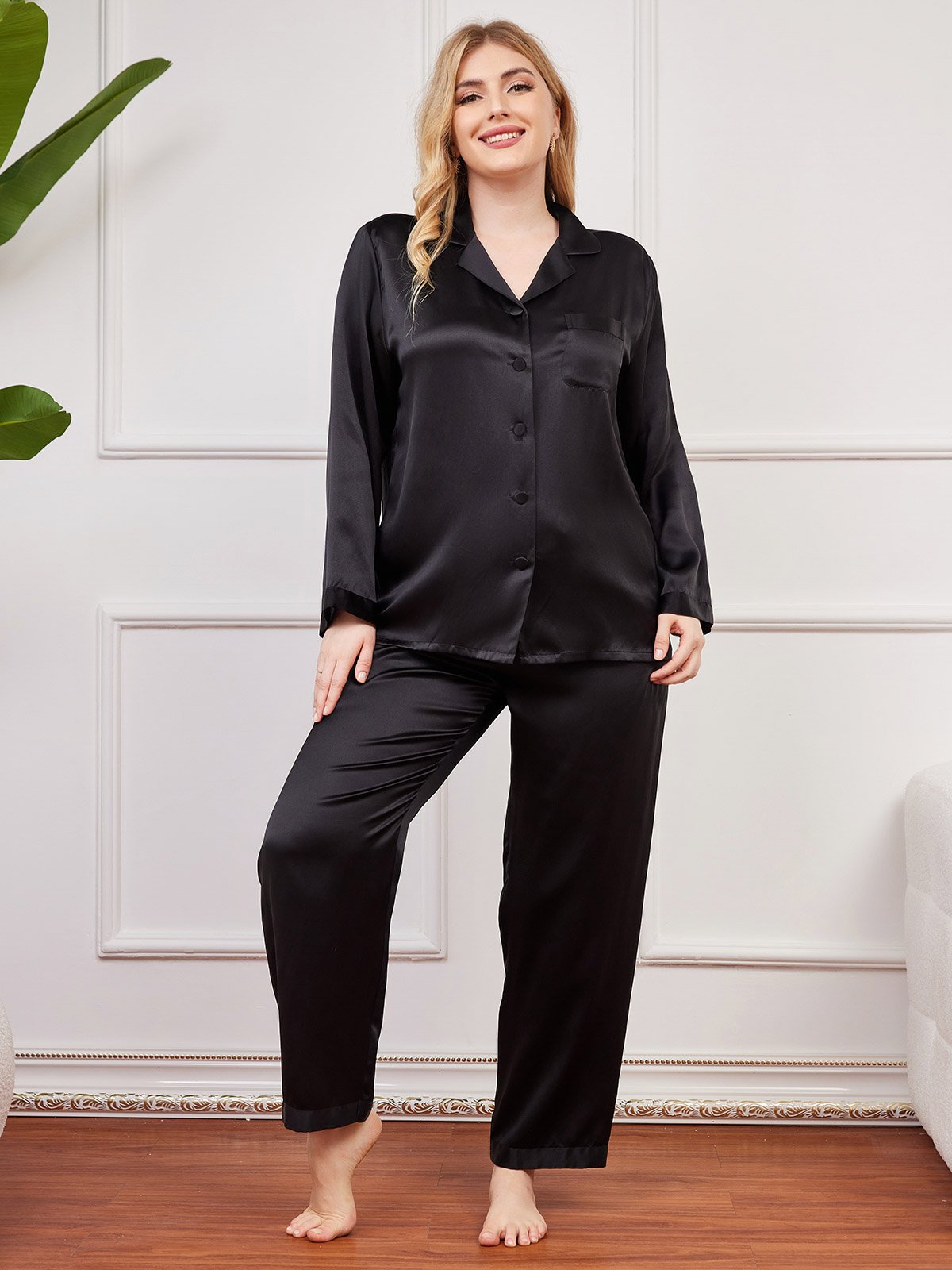 [Black] SilkSilky  Long Sleeve Plus Size Pajamas 001