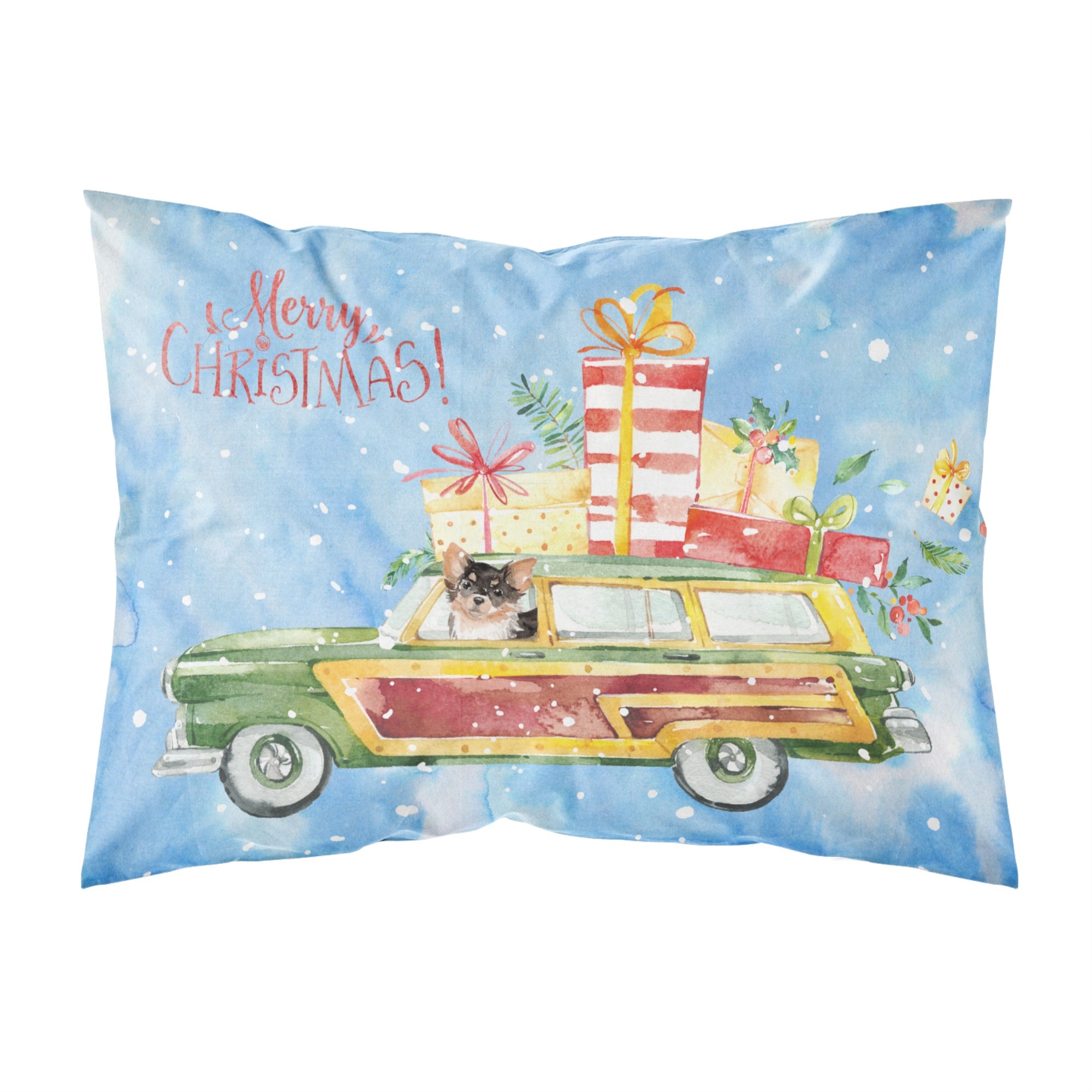 Merry Christmas Long Haired Chihuahua Fabric Standard Pillowcase