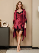 [Dark Red] SilkSilky  3/4 Sleeve V Neck Nightgown&Robe Set 005