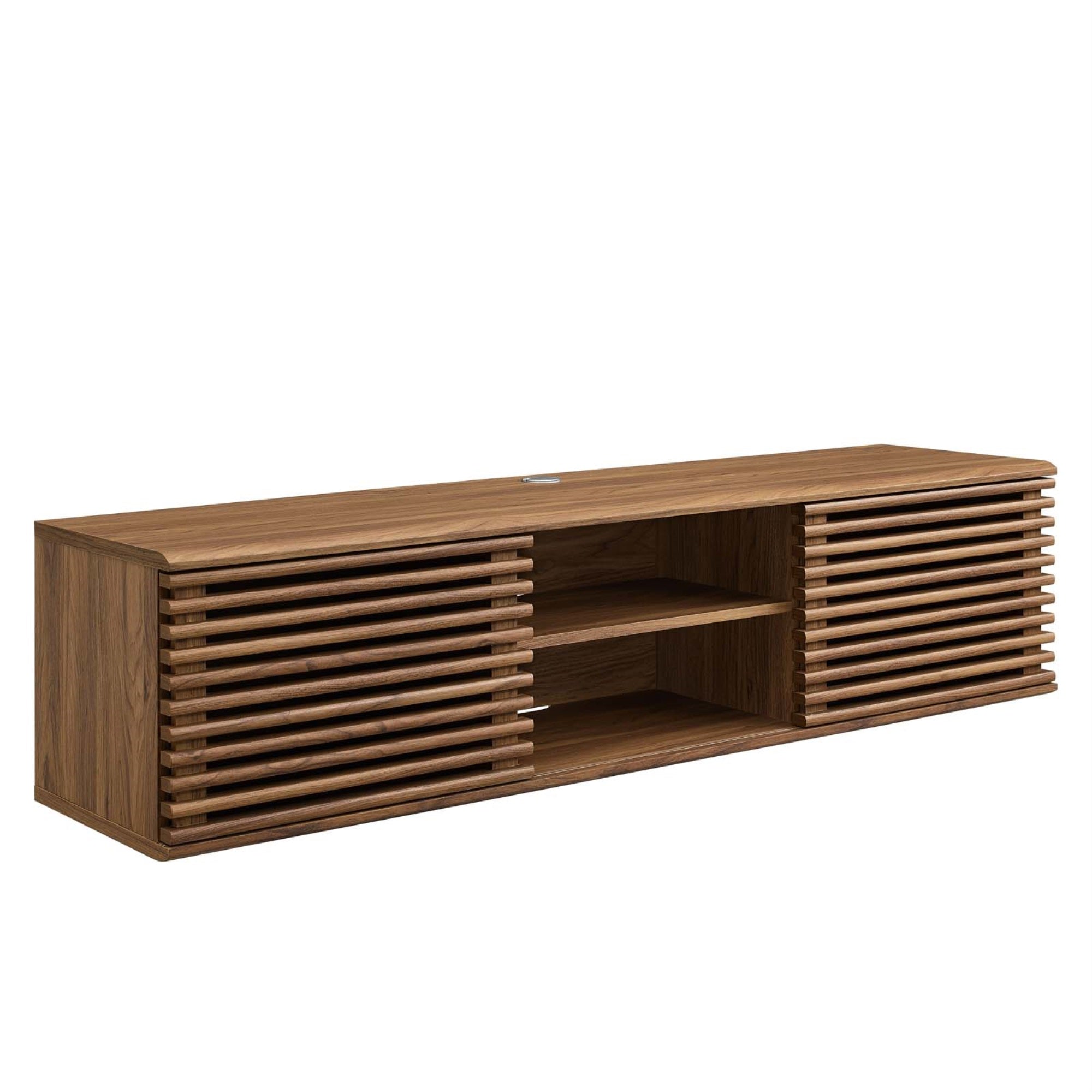 Render 60'' Wall-Mount TV Stand - Walnut | Adjustable Shelf, Cable Management, Sliding Doors | Fits TVs up to 65'' | Mid-Century