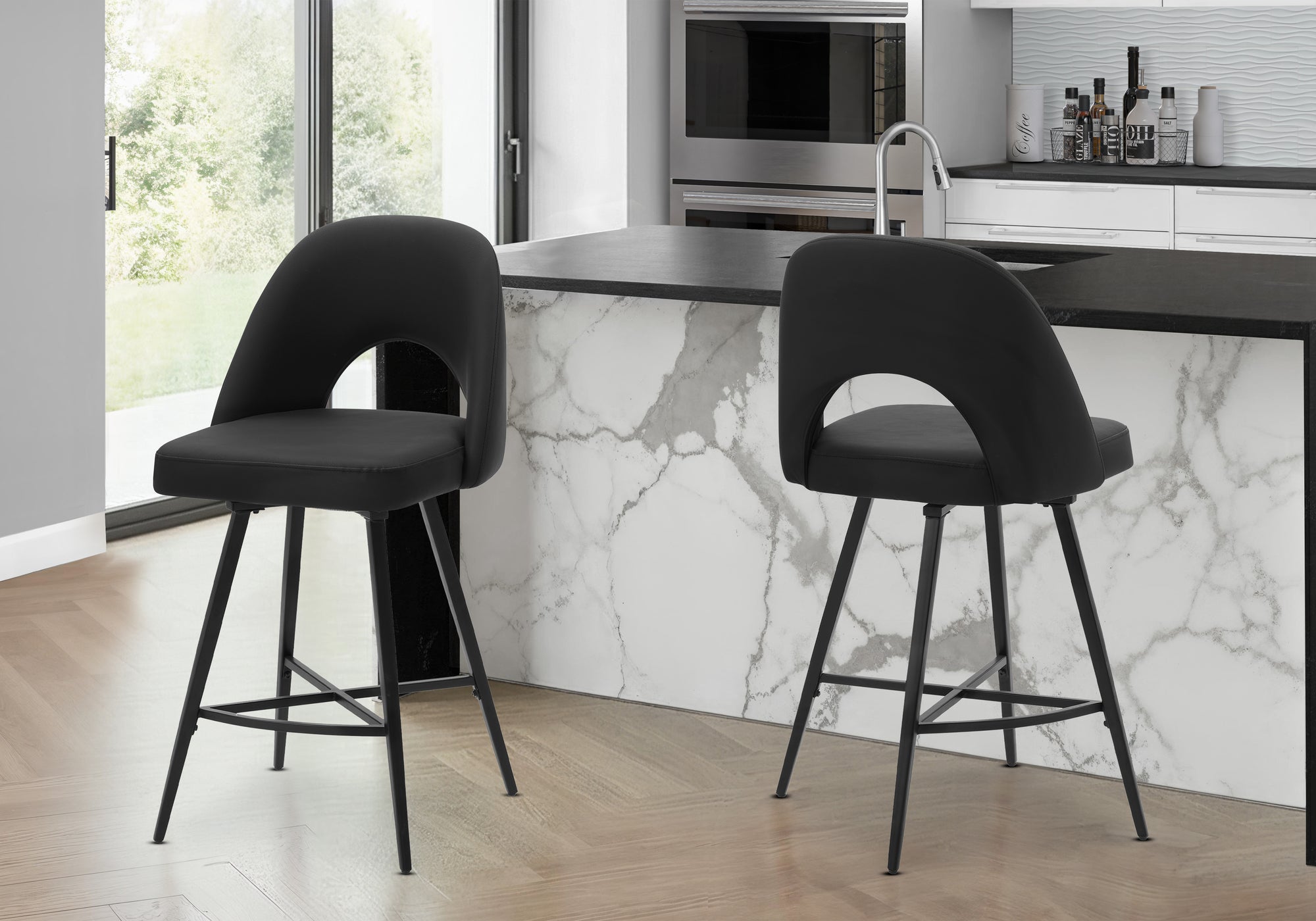 Barstool, 39 Height, Set Of 2, Counter Height, Swivel, Kitchen, Black Leather Look, Black Metal, Contemporary, Modern