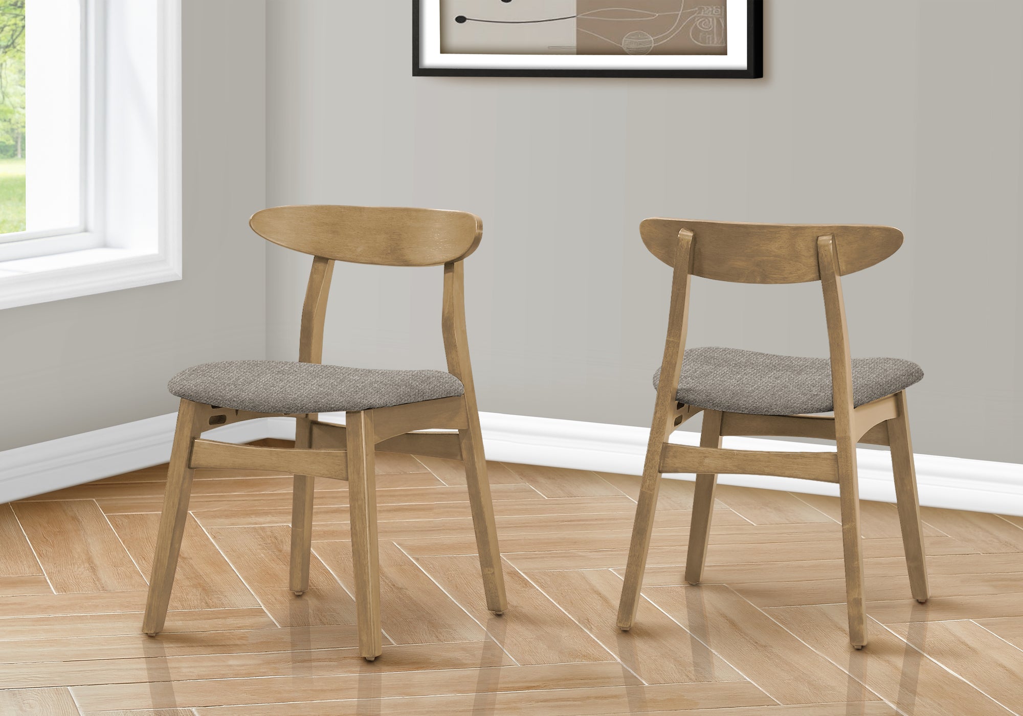 Dining Chair, 30 Height, Set Of 2, Side, Upholstered, Kitchen, Dining Room, Light Walnut, Brown Fabric, Mid Century, Modern
