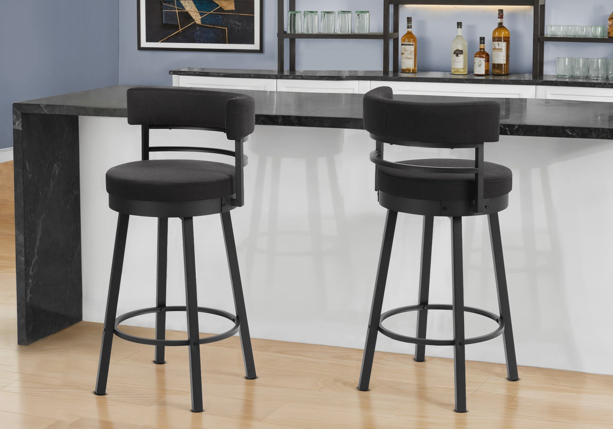 Barstool, 39 Height, Swivel, Bar Height, Set Of 2, Black Fabric, Black Metal, Contemporary, Modern