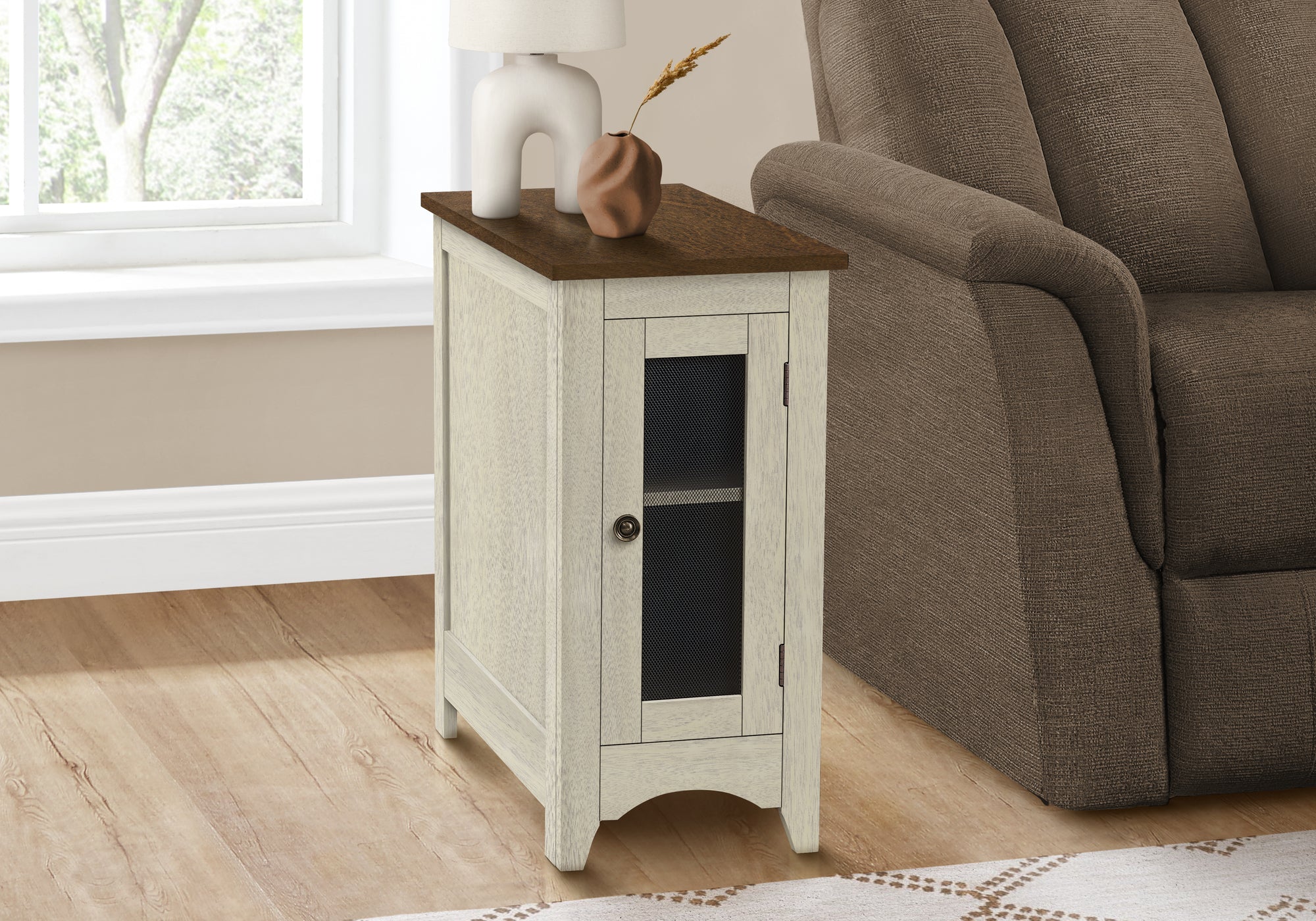 Accent Table, End, Side Table, Narrow, Nightstand, Bedroom, Lamp, Storage, Antique White Veneer, Brown Veneer, Transitional