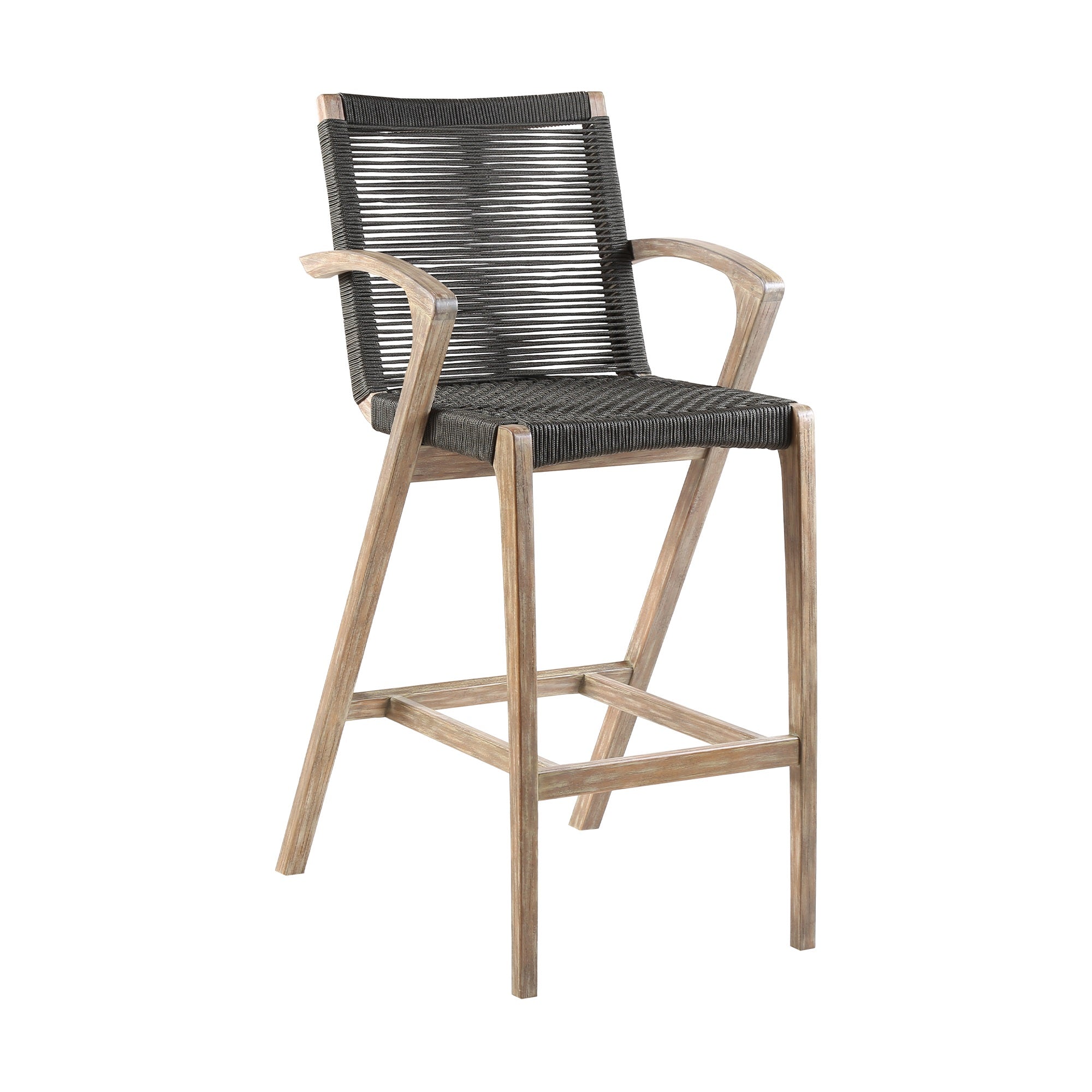 Brielle Armed UV Protected Outdoor Light Eucalyptus Wood and Charcoal Rope Counter Height Stool with Footrest