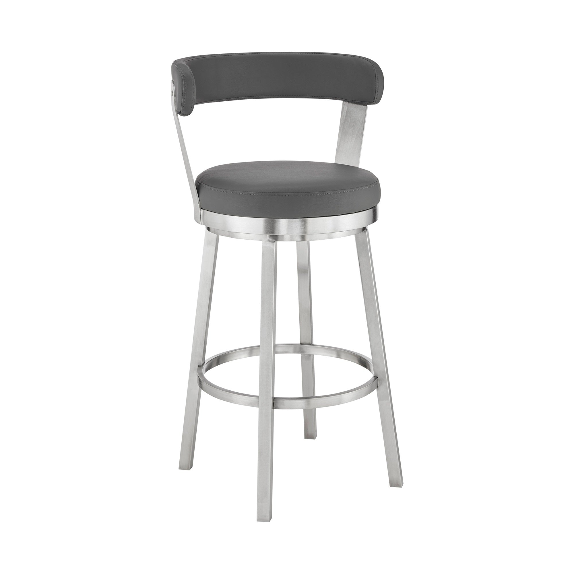 Bryant 26'' Counter Height Swivel Bar Stool in Brushed Stainless Steel Finish and Gray Faux Leather