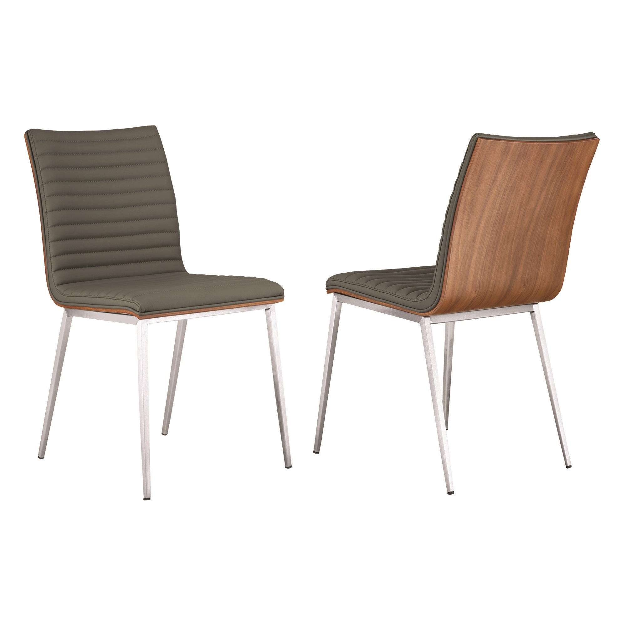 Armen Living Caf Brushed Stainless Steel Dining Chair in Gray Faux Leather with Walnut Back - Set of 2