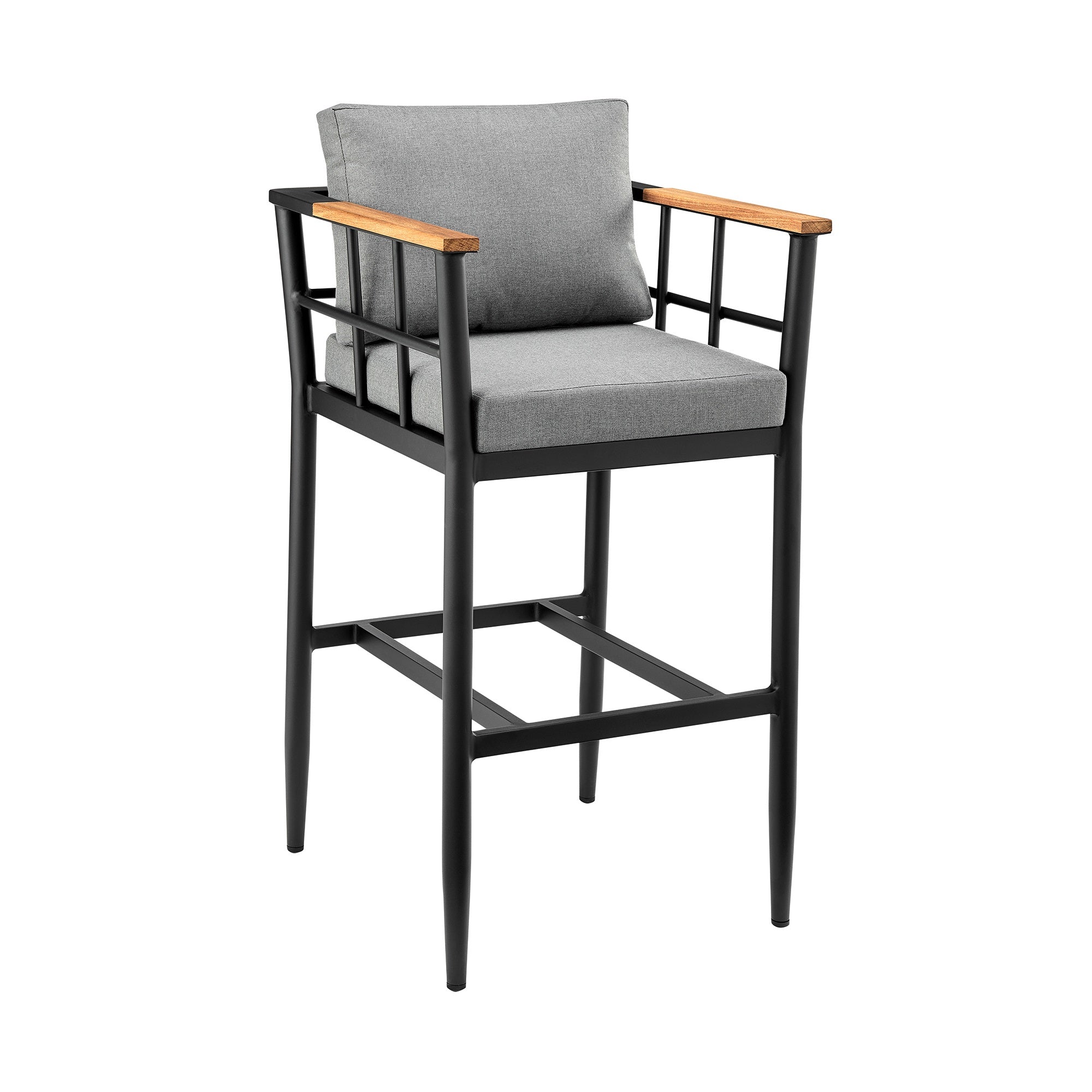 Orlando Outdoor Patio Counter Height Bar Stool in Aluminum and Teak with Grey Cushions