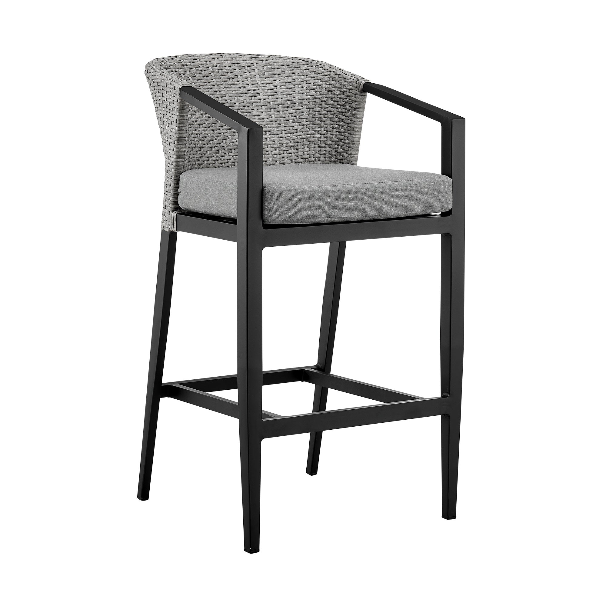 Palma Outdoor Patio Counter Height Bar Stool in Aluminum and Wicker with Grey Cushions