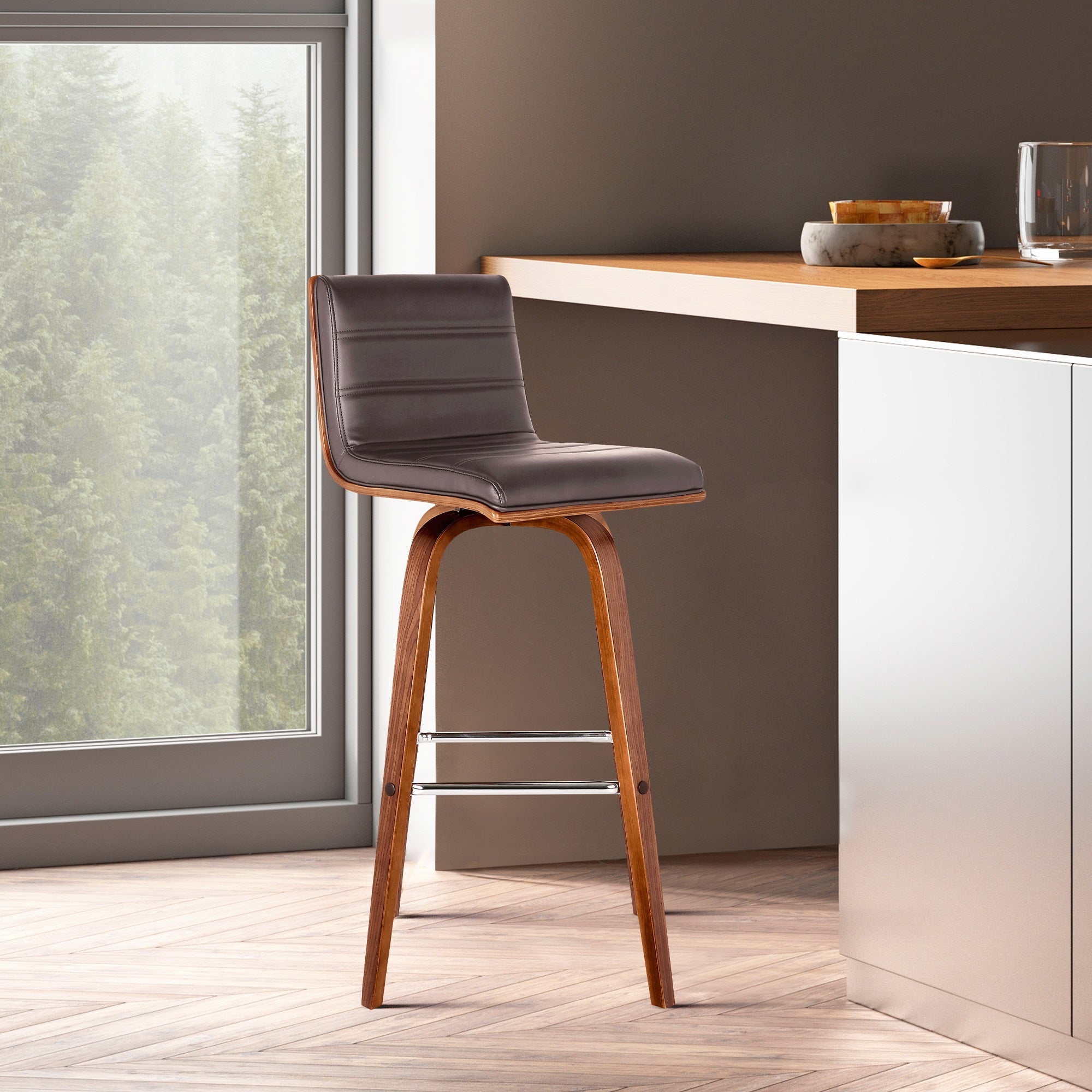 Armen Living Vienna 30'' Bar Height Barstool in Walnut Wood Finish with Brown Faux Leather