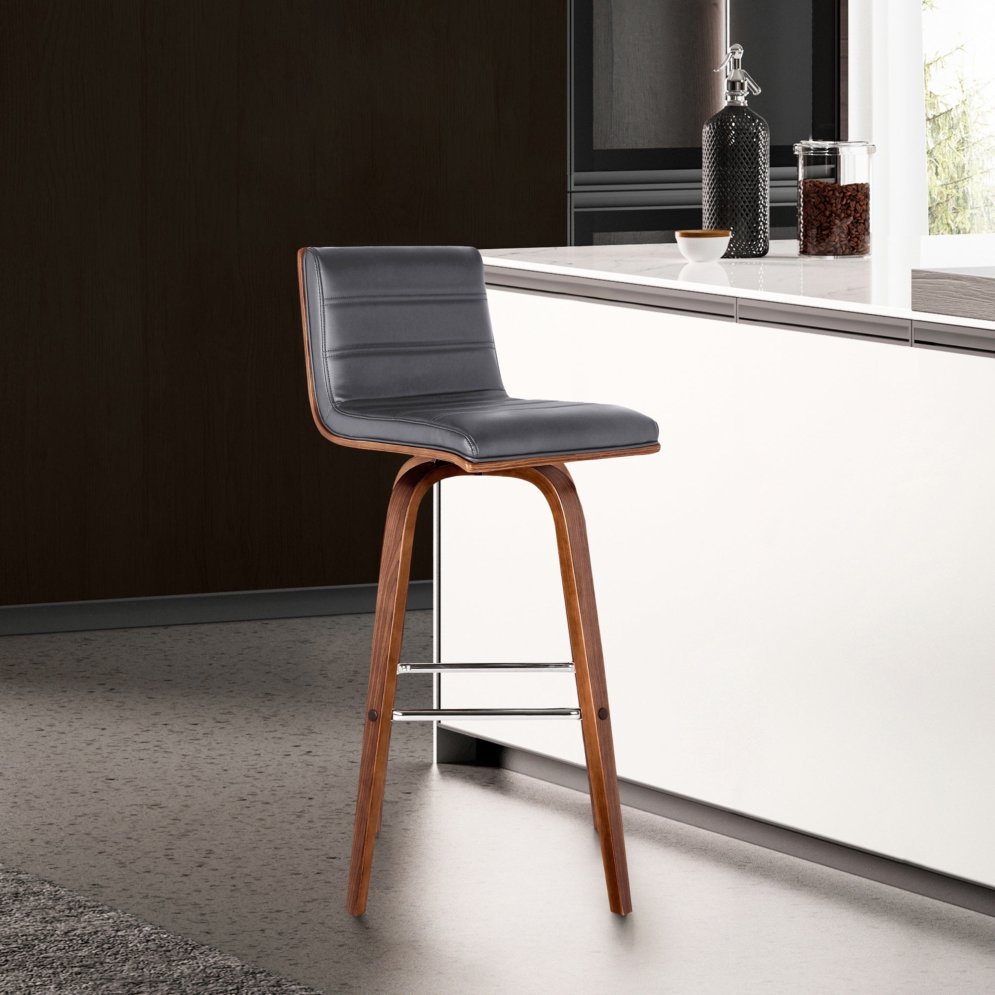 Armen Living Vienna 26'' Counter Height Barstool in Walnut Wood Finish with Grey Faux Leather