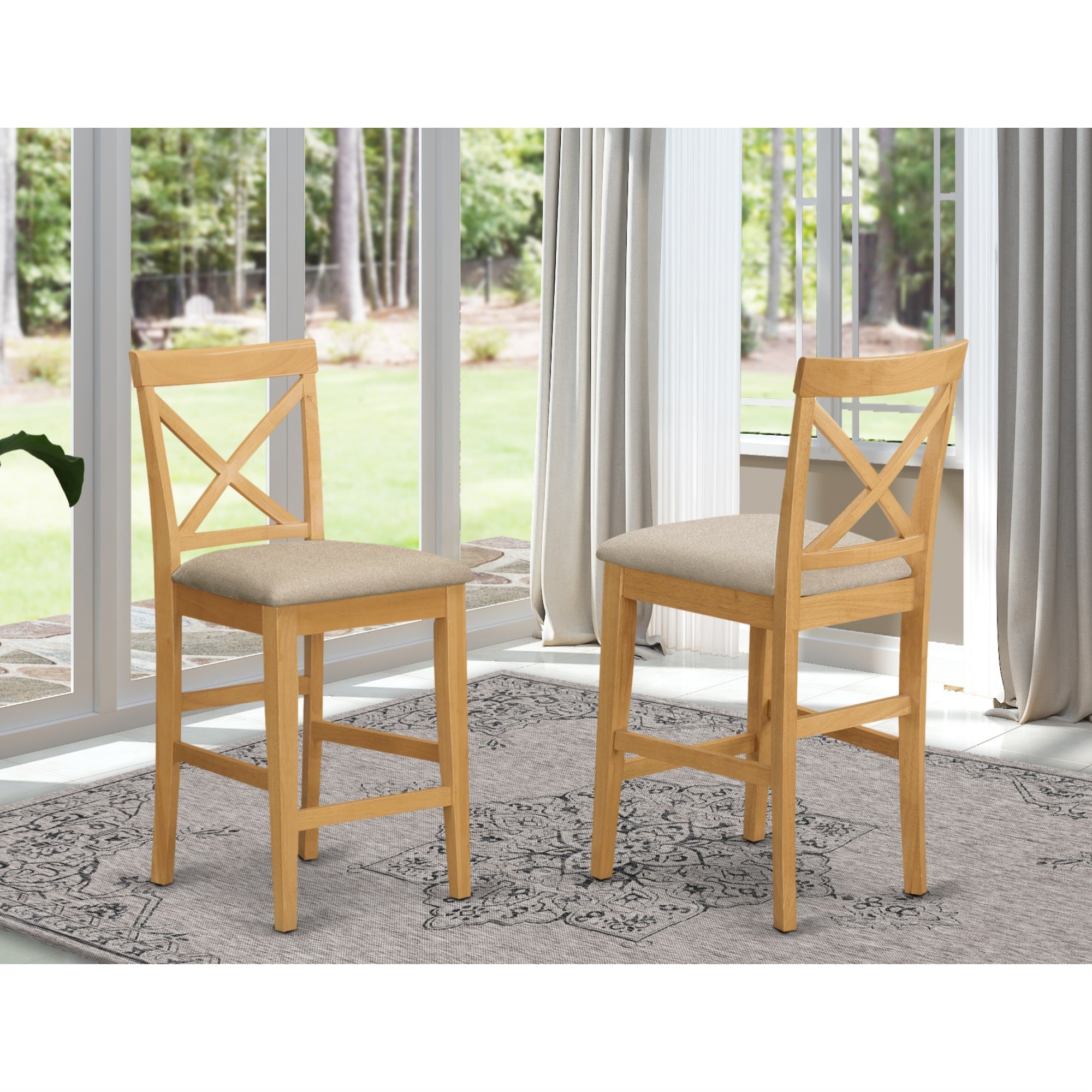 East West Furniture PBS-OAK-C Pub Counter Stool Bar Chair - Linen Fabric Pub Height Wooden Chairs, Set of 2, Oak