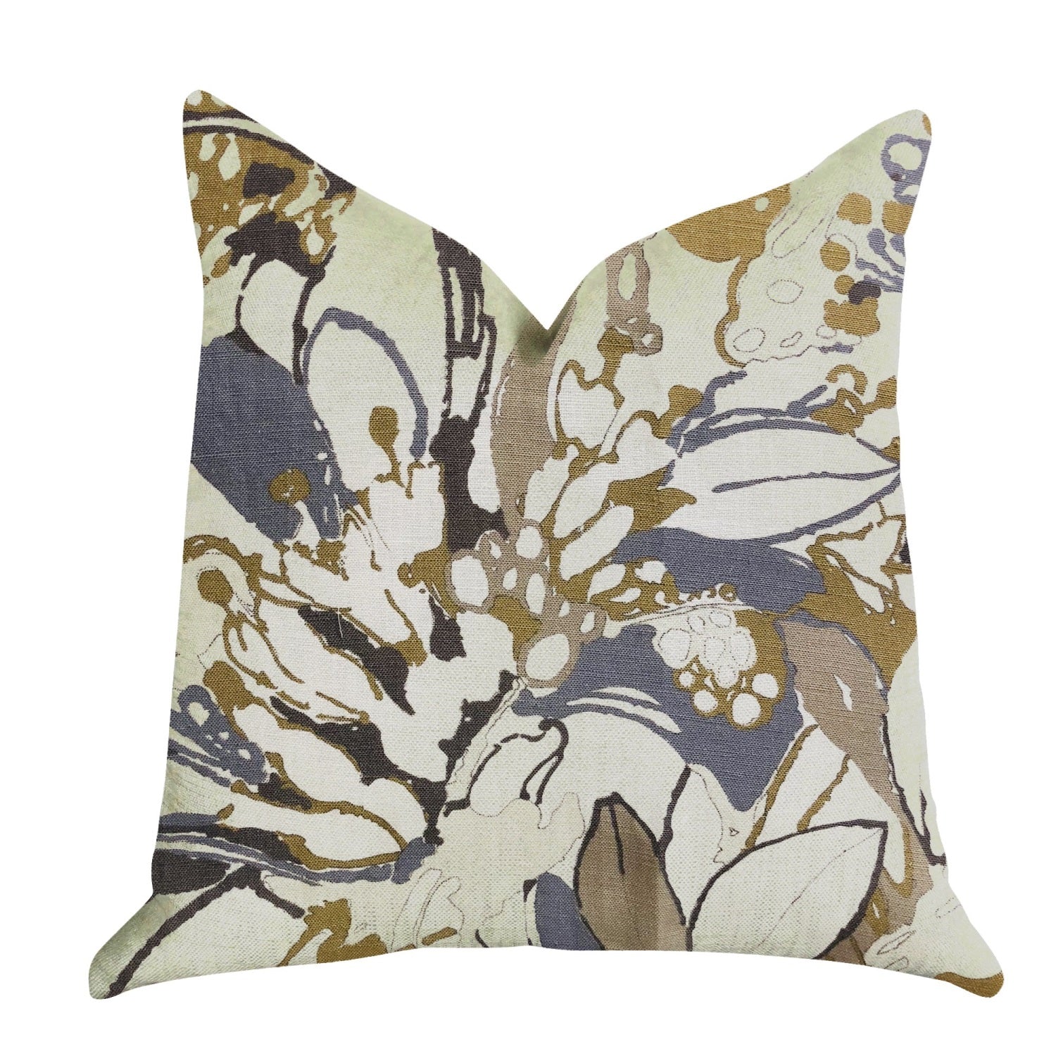 Plutus Camellia Floral Blue, Beige Tones Luxury Throw Pillow - Double Sided  24' X 24'