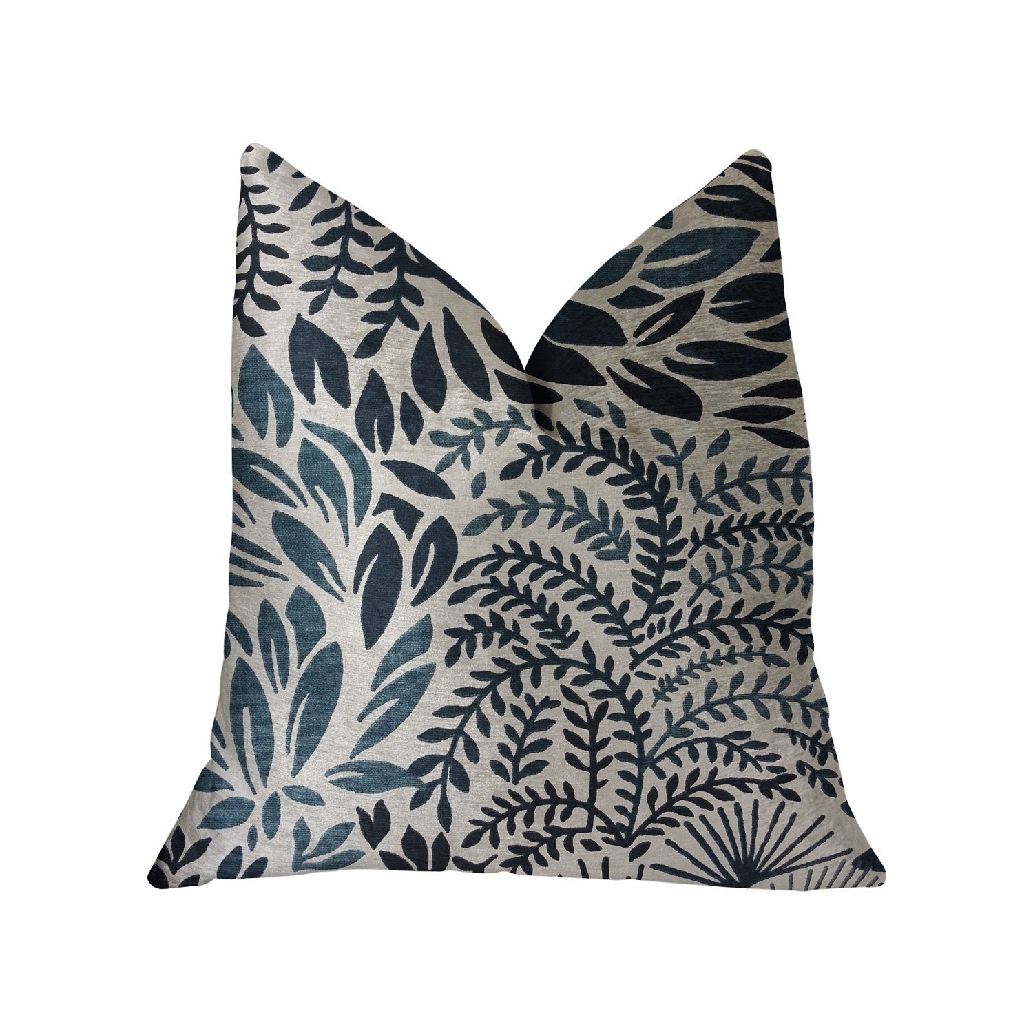 Plutus Leaf Snap Blue And Beige Luxury Throw Pillow - Double Sided  20' X 20'