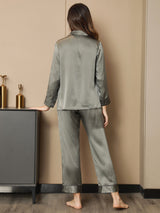 [Grayish Green] SilkSilky  Long Sleeve Lapel Collar Women's Pajamas 002