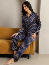 Navy pure silk women’s pajama set with geometric chain print, notch collar, and long sleeves