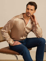 Men's silk long sleeve lapel shirt with orange geometric print, button front and regular fit