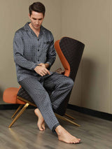 [Navy Ginkgo] SilkSilky  Long Sleeve Lapel Collar Men's Pajamas 007