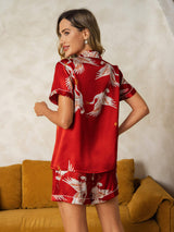[Dark Red] SilkSilky  Short Sleeve Lapel Collar Women's Pajamas 003