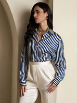 [Navy Stripe] SilkSilky  Long Sleeve Lapel Collar Women's Shirts 005