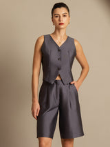 Women's charcoal silk-wool blend V neck vest with button front and matching shorts