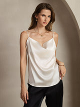 White silk spaghetti strap cowl neck camisole on model