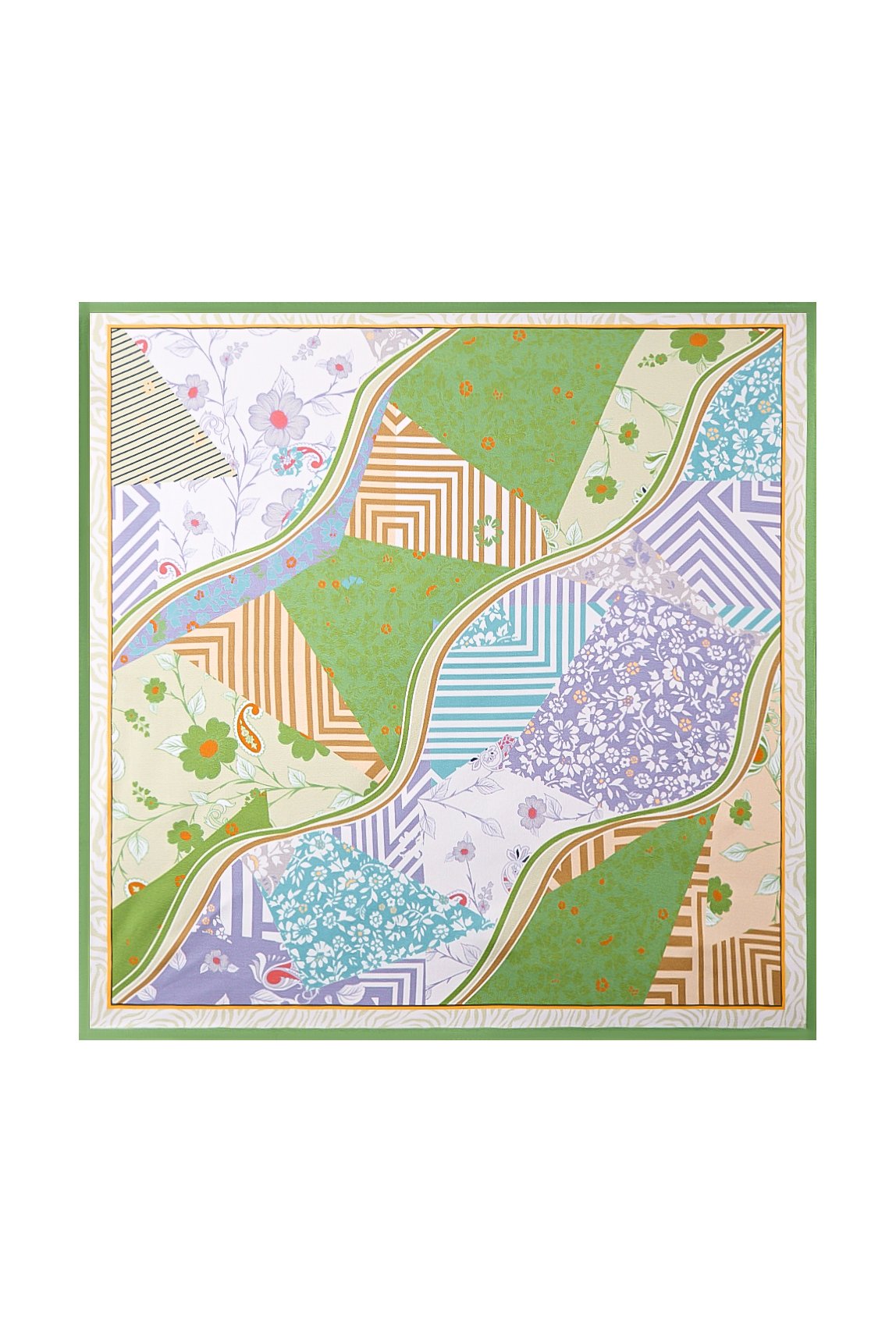 100% Mulberry silk patchwork square scarf with green, floral, and geometric patterns