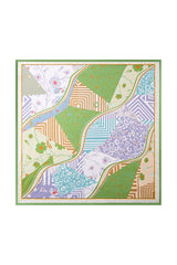 100% Mulberry silk patchwork square scarf with green, floral, and geometric patterns