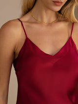 [Wine] Red mulberry silk camisole top with adjustable spaghetti straps and V neck 004