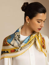 White mulberry silk square scarf with cathedral print in blue, gold and red