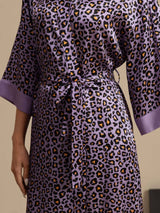 Purple leopard print silk kimono robe with belted waist and 3/4 sleeves