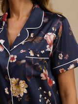 [Navy Floral] SilkSilky  Short Sleeve Lapel Collar Women's Pajamas 004