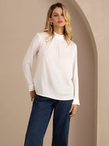 [White] SilkSilky Long Sleeve Stand Collar Women's Blouse 003