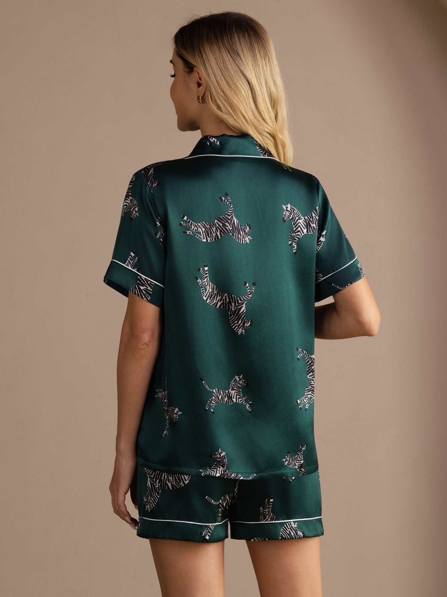 [Emerald Zebra] SilkSilky  Short Sleeve Lapel Collar Women's Pajamas 002