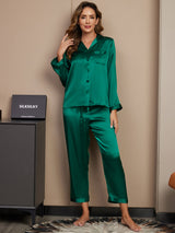 [Green] SilkSilky  Long Sleeve Lapel Collar Women's Pajamas 001