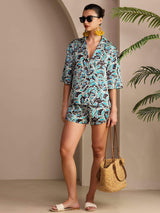 Women’s botanical print silk pajama set with short-sleeve shirt and shorts
