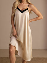 Beige silk midi nightgown with black contrast V-neck and spaghetti straps