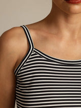 Black and white striped silk camisole top with spaghetti straps and square neckline