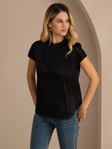 [Black] SilkSilky  Short Sleeve Split Women's Blouse 001