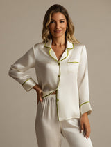 [White] SilkSilky  Long Sleeve Lapel Collar Women's Pajamas 003