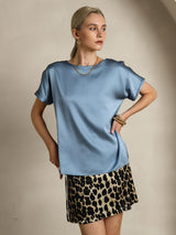 [Grayish Blue] SilkSilky  Short Sleeve Boat Neck Women's T-Shirt 004