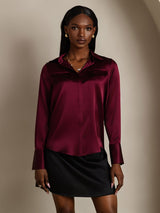 Burgundy silk long sleeve lapel shirt with flap pockets and concealed placket