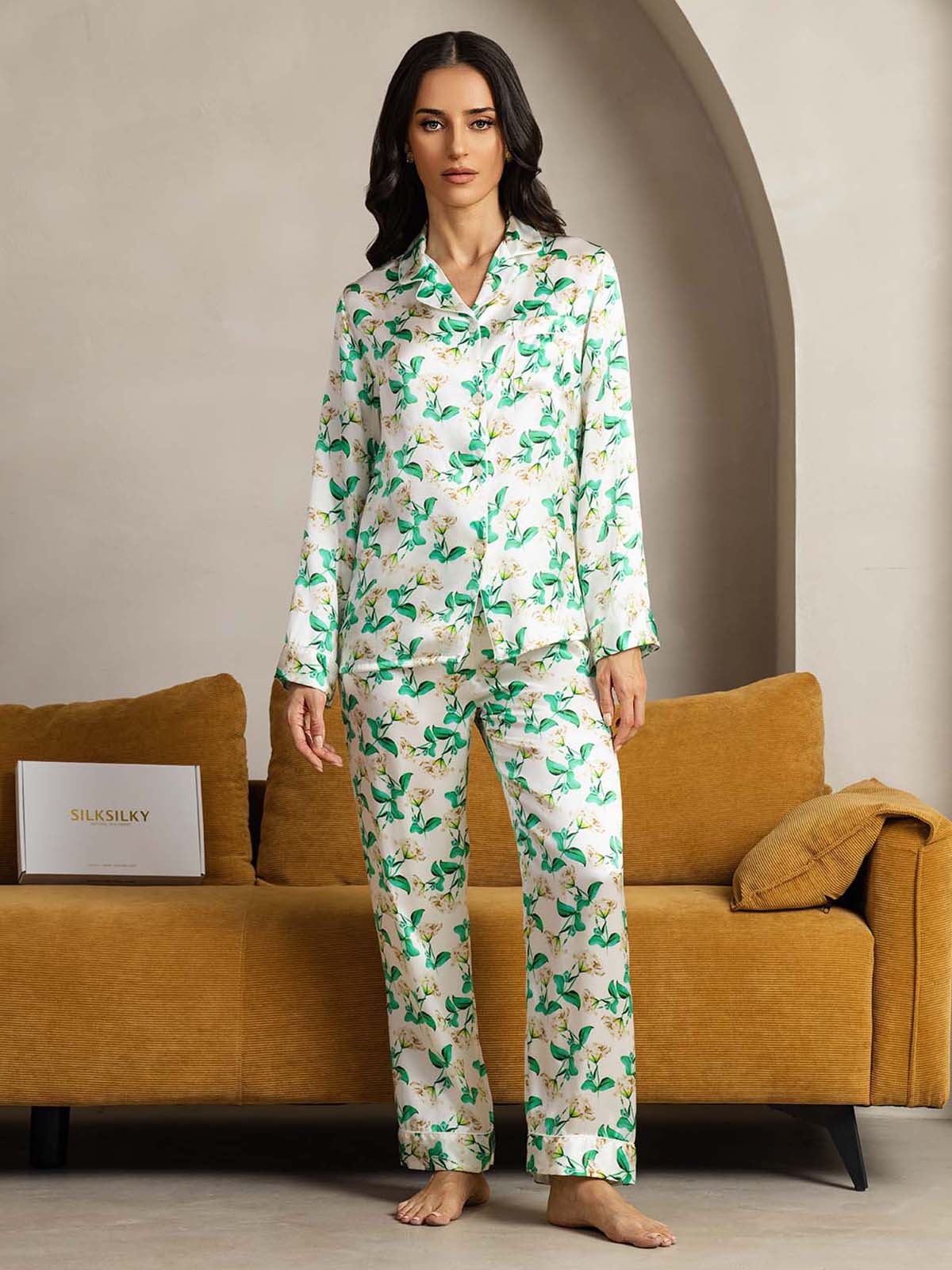 Women’s green floral silk pajama set with notch collar and long sleeves