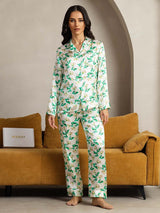 Women’s green floral silk pajama set with notch collar and long sleeves