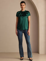 [Dark Green] SilkSilky  Short Sleeve Split Women's Blouse 005