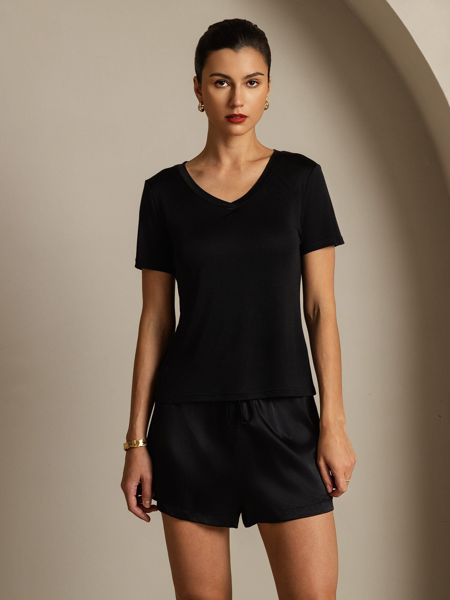 [Black] SilkSilky  Short Sleeve V Neck Women's T-Shirt 001