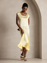 Pale yellow silk midi dress with round neck and cap sleeves