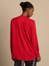 Red silk women's long sleeve stand collar blouse, back view