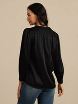 [Black] Black silk blouse with round neck, long lantern sleeves and back view 002